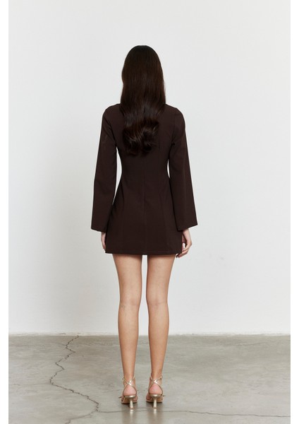 Önü Biye Detay Mini Elbise Acı Kahve