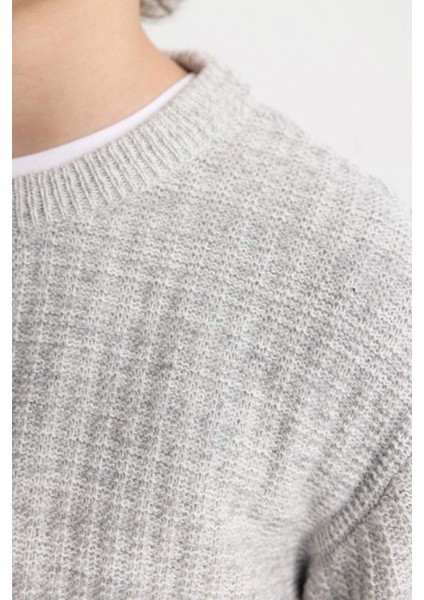 Erkek Çocuk Gri Bisiklet Yaka Basic Düz Triko Kazak