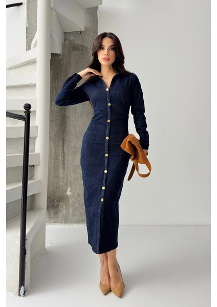 Kadın Elbise Denim Midi Şık Düğmeli Uzun Kollu Gömlek Yaka Regular Kot Elbise fiyatları