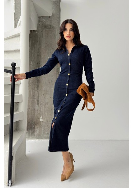 Kadın Elbise Denim Midi Şık Düğmeli Uzun Kollu Gömlek Yaka Regular Kot Elbise modelleri