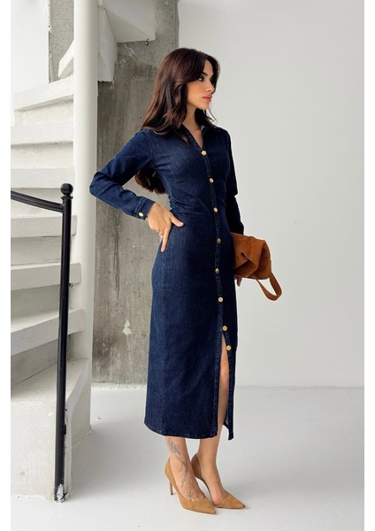 Kadın Elbise Denim Midi Şık Düğmeli Uzun Kollu Gömlek Yaka Regular Kot Elbise indirimleri
