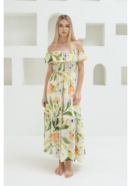 Madonna Yaka Elbise - Yeşil - Ekru S-Yeşil - Ekru fiyatları