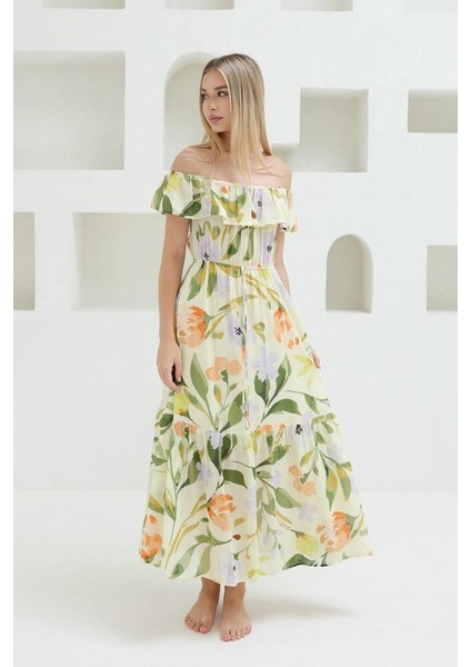 Madonna Yaka Elbise - Yeşil - Ekru S-Yeşil - Ekru modelleri