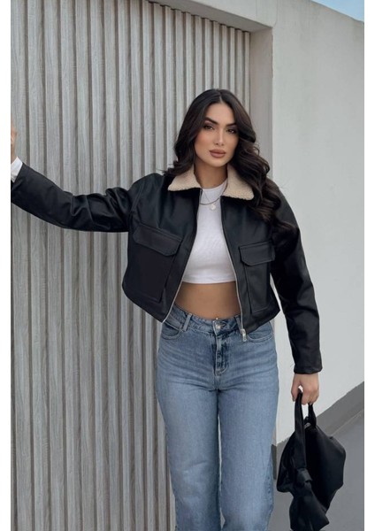 Kadın Crop Ceket Suni Deri Yakası Kürklü Fermuarlı Çift Cepli Kısa Deri Mont