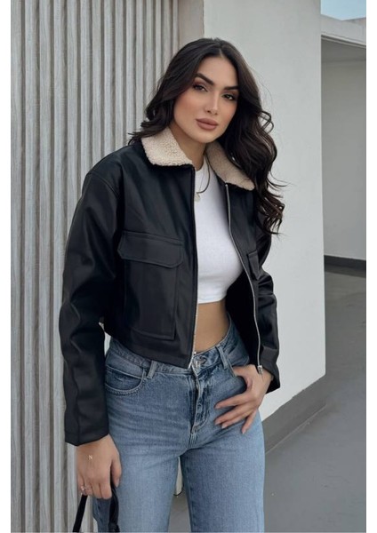 Kadın Crop Ceket Suni Deri Yakası Kürklü Fermuarlı Çift Cepli Kısa Deri Mont fiyatları
