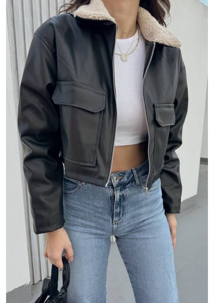 Kadın Crop Ceket Suni Deri Yakası Kürklü Fermuarlı Çift Cepli Kısa Deri Mont modelleri