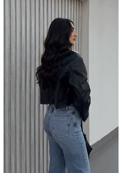 Kadın Crop Ceket Suni Deri Yakası Kürklü Fermuarlı Çift Cepli Kısa Deri Mont fırsatları