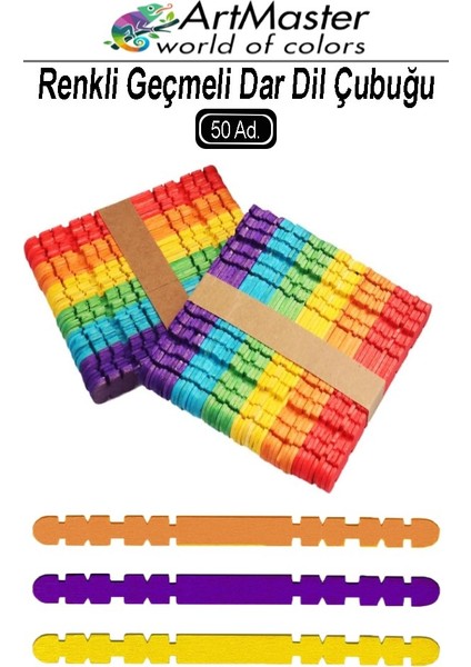 Renkli Dil Çubuğu Geçmeli Dar 50 Li 1 Paket Ahşap Çubuk Çentikli Eklemeli Renkli Tırtıklı Dondurma Çubuğu
