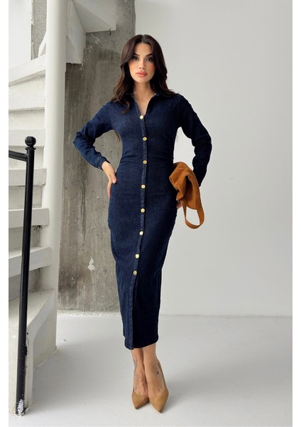 Kadın Elbise Denim Midi Şık Düğmeli Uzun Kollu Gömlek Yaka Regular Kot Elbise