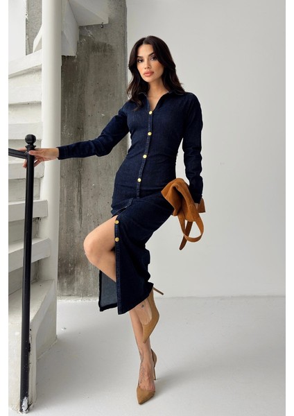 Kadın Elbise Denim Midi Şık Düğmeli Uzun Kollu Gömlek Yaka Regular Kot Elbise fırsatları