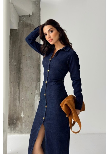 Kadın Elbise Denim Midi Şık Düğmeli Uzun Kollu Gömlek Yaka Regular Kot Elbise