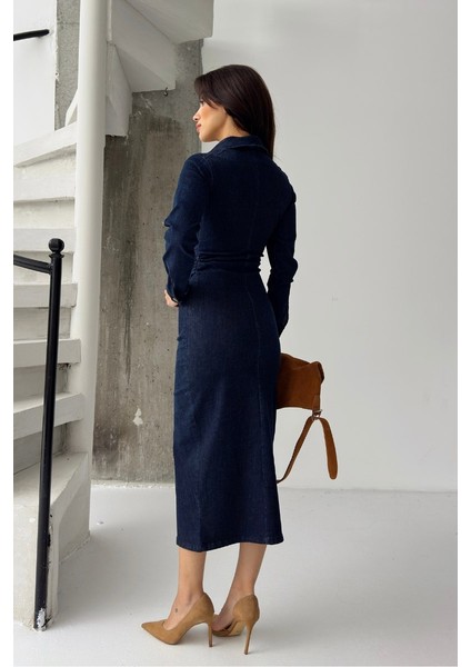 Kadın Elbise Denim Midi Şık Düğmeli Uzun Kollu Gömlek Yaka Regular Kot Elbise