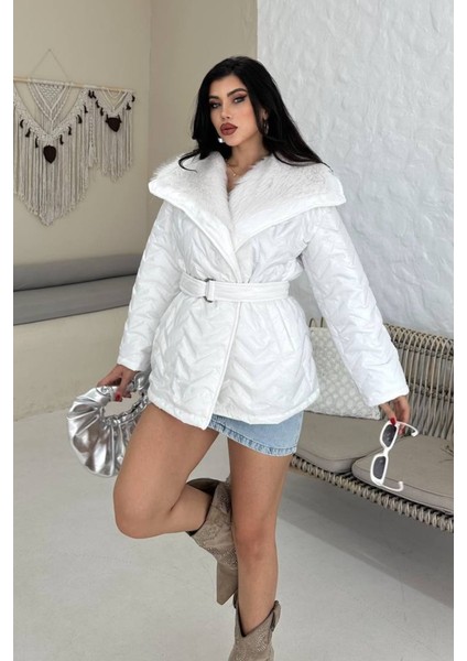Kadın Şişme Mont Geniş Yaka Kemerli Içi Kürklü Kapitone Mont