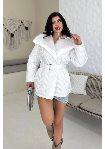 Kadın Şişme Mont Geniş Yaka Kemerli Içi Kürklü Kapitone Mont fiyatları