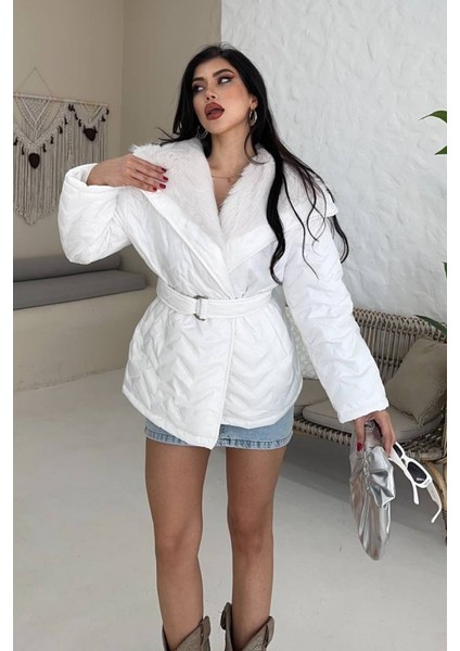 Kadın Şişme Mont Geniş Yaka Kemerli Içi Kürklü Kapitone Mont fırsatları