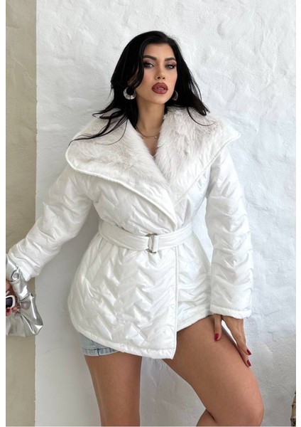 Kadın Şişme Mont Geniş Yaka Kemerli Içi Kürklü Kapitone Mont indirimleri