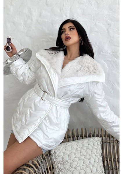 Kadın Şişme Mont Geniş Yaka Kemerli Içi Kürklü Kapitone Mont