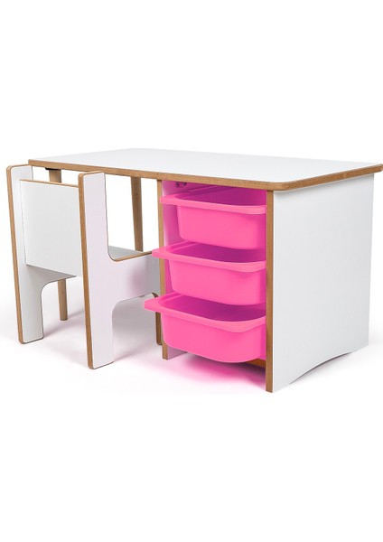 3 Çekmeceli Çocuk Etkinlik Masası - Beyaz Mdf - Pembe Çekmeceli - 18MM 1.sınıf Mdf