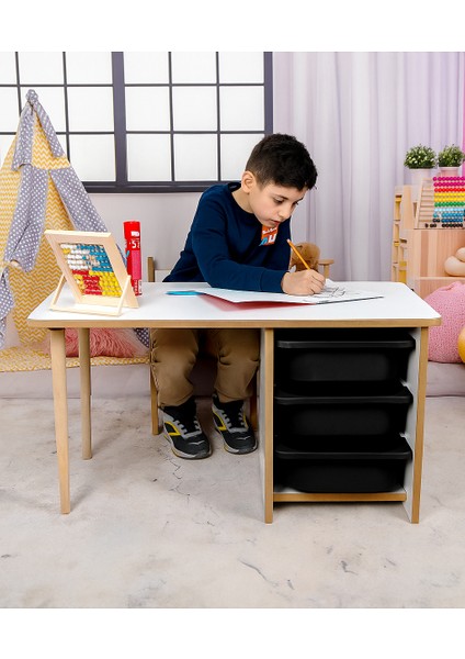 3 Çekmeceli Çocuk Etkinlik Masası - Beyaz Mdf - Siyah Çekmeceli - 18MM 1.sınıf Mdf fiyatları