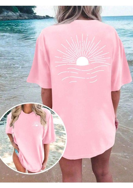Gün Batımı Sırt Baskı Detaylı Kadın Oversize T-Shirt