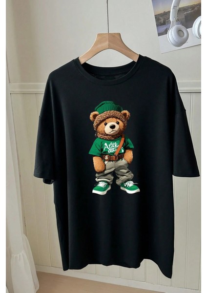Ormancı Ayı Baskılı Unisex Siyah Oversize T-Shirt - Rahat ve Şık Tasarım