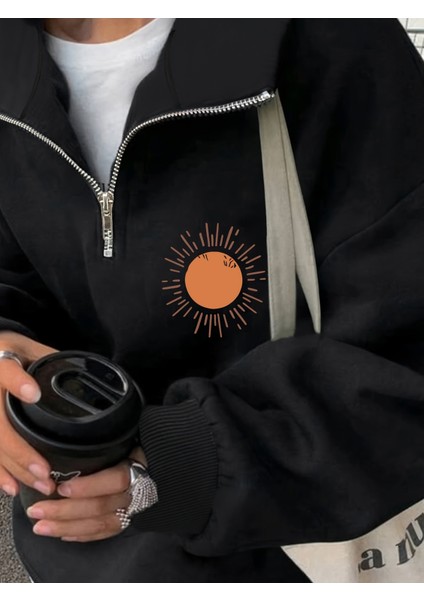 Kadın Güneş Baskılı Yarım Fermuarlı Dik Yaka Sweat indirimleri