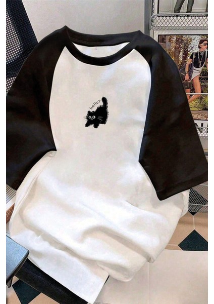 Kedi Baskılı Renglam Kol Oversize T-Shirt