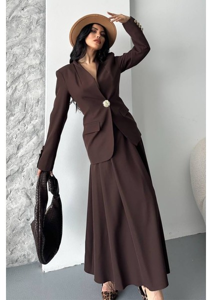 Kadın Ikili Takım Şık Düğme Detaylı Dik Yaka Blazer Ceket Uzun Çan Etek Takım
