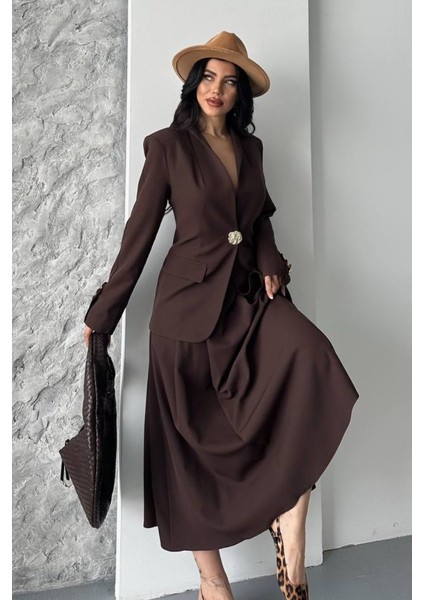 Kadın Ikili Takım Şık Düğme Detaylı Dik Yaka Blazer Ceket Uzun Çan Etek Takım fiyatları