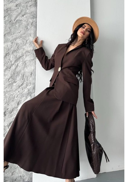 Kadın Ikili Takım Şık Düğme Detaylı Dik Yaka Blazer Ceket Uzun Çan Etek Takım fırsatları