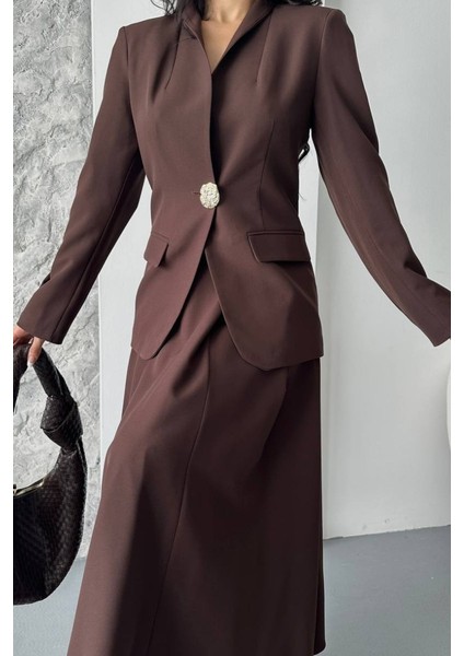 Kadın Ikili Takım Şık Düğme Detaylı Dik Yaka Blazer Ceket Uzun Çan Etek Takım indirimleri