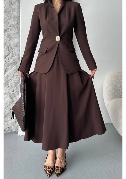 Kadın Ikili Takım Şık Düğme Detaylı Dik Yaka Blazer Ceket Uzun Çan Etek Takım