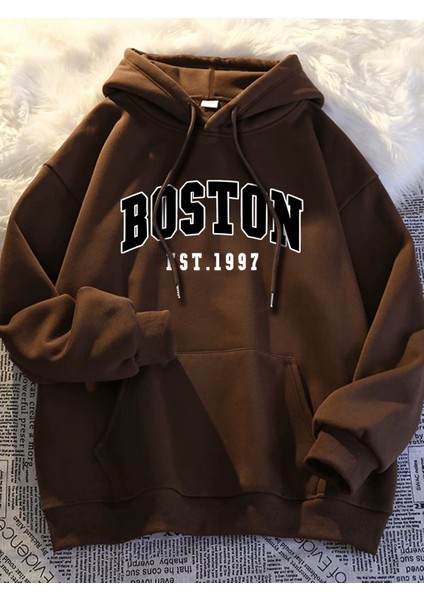 Unisex Boston Baskı Detaylı Oversize Kapüşonlu Sweatshirt Rahat ve Şık Tasarım