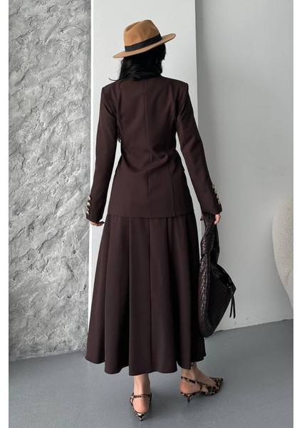 Kadın Ikili Takım Şık Düğme Detaylı Dik Yaka Blazer Ceket Uzun Çan Etek Takım