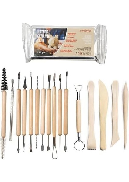 Renovon 16 Parça Ahşap Seramik Oyma Aleti Seti Polimer ve Doğal Kil Çömlekçilik Heykel Çocuk Yetişkin Sanatçı Için El Sanatları Aksesuar ve Model Yapımı, 250 gr Doğal Beyaz Kil ile (Beyaz Kil) fiyatları