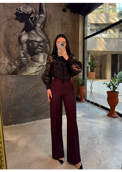 Antoniya Önü Flatolu Bol Paça Pantolon Mürdüm