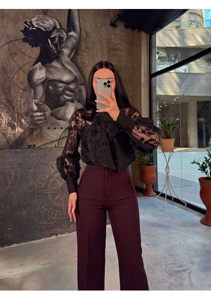 Antoniya Önü Flatolu Bol Paça Pantolon Mürdüm fiyatları