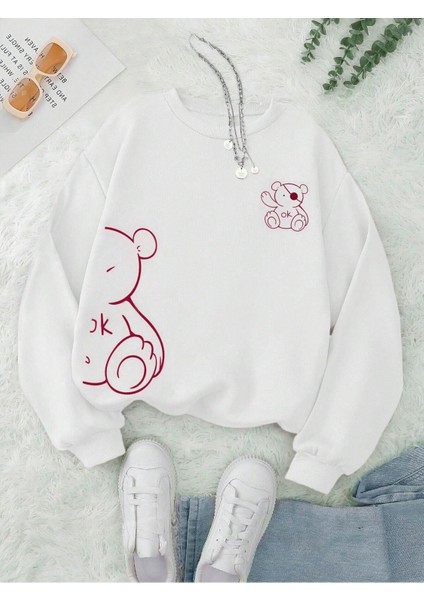 Korsan Ayı Baskılı Oversize Sweatshirt