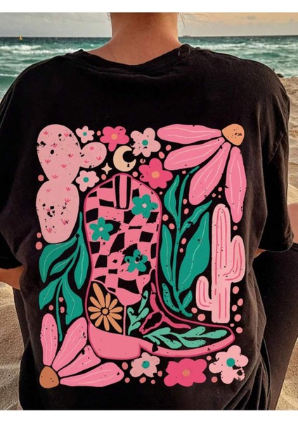 Çicekler Çizme Sırt Baskı Detaylı Kadın Oversize T-Shirt fırsatları