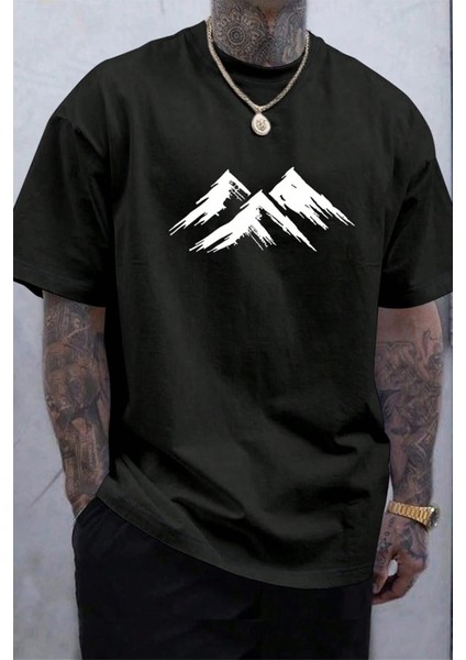 Erkek Oversize Baskılı Siyah Tişört – 3 Dağ Ön Baskılı, Günlük & Sokak Stili