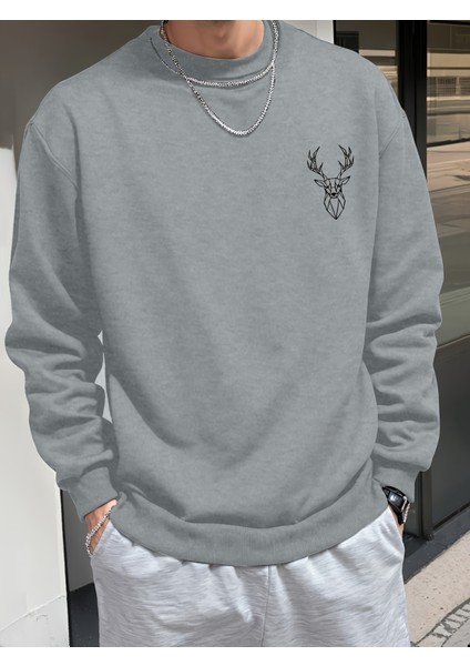Unisex Geyik Baskılı Oversize Sweatshirt - Günlük Kombin - Sokak Stili
