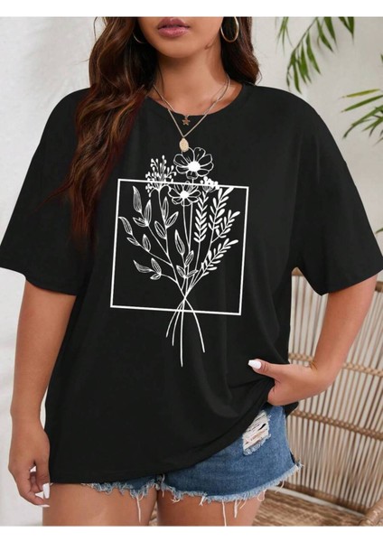 Kadın Çicek Buketi Baskılı Oversize T-Shirt Rahat ve Şık Tasarım