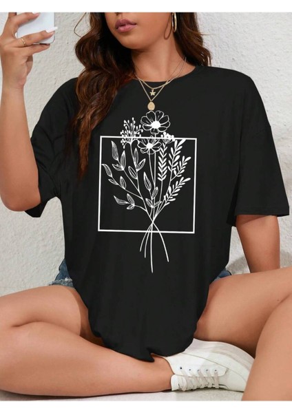 Kadın Çicek Buketi Baskılı Oversize T-Shirt Rahat ve Şık Tasarım indirimleri