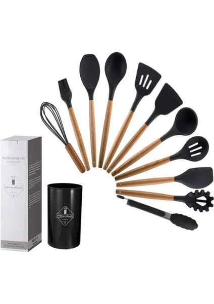Silikon Spatula Mutfak Gereçleri Seti, 12 Parça, Ahşap Saplı, Siyah Kaşıklık Hediyeli