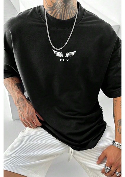 Erkek Oversize Baskılı Siyah Tişört – Fly Kanat Ön ve Sırt Baskılı, Günlük & Sokak Stili