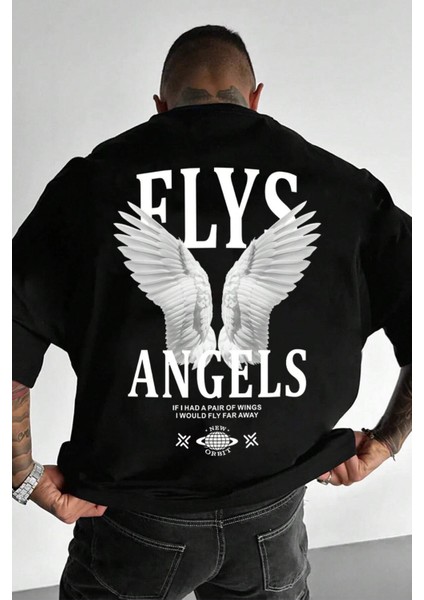 Erkek Oversize Baskılı Siyah Tişört – Fly Kanat Ön ve Sırt Baskılı, Günlük & Sokak Stili modelleri