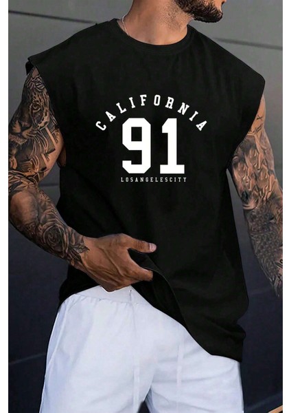 California 91 Baskılı Erkek Oversize Kolsuz T-Shirt