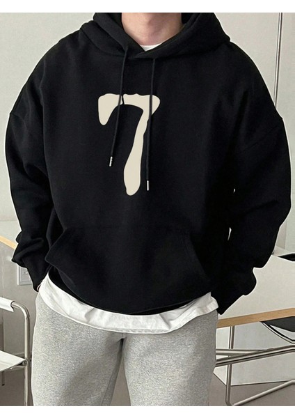 7 Baskılı Oversize Kapüşonlu Sweatshirt