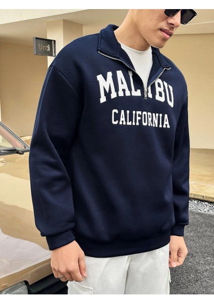 Unisex Malibu California Baskılı Yarım Fermuarlı Dik Yaka Oversize Sweatshirt