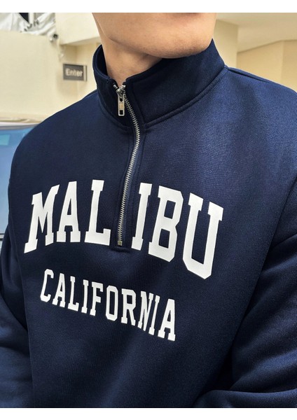 Unisex Malibu California Baskılı Yarım Fermuarlı Dik Yaka Oversize Sweatshirt modelleri